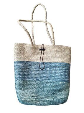 Handwoven Straw Tote Bag With Blue Gradient Design & Wooden Toggle Closure